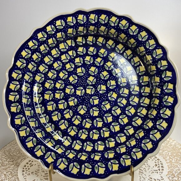 Polish Pottery Large Platter BOLESLAWCU Boleslawiec Poland 13in Ruffled Blue - Picture 1 of 6